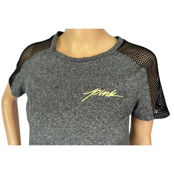 2/$15 Pink Victoria's Secret Fishnet Shoulder Crop Top Gray Short Sleeve Size XS - Picture 7 of 12